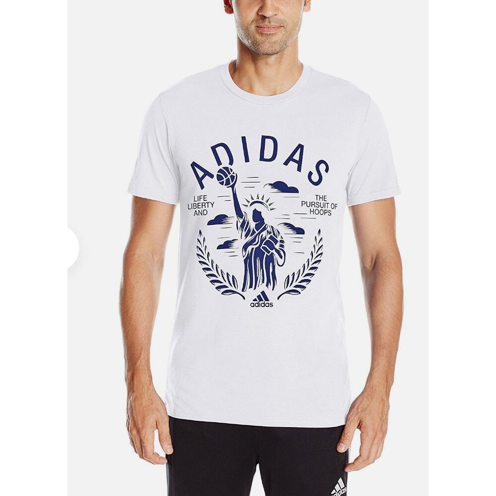Adidas Pursuit of Hoops Blue Print White Tee Shirt Men's sz. L